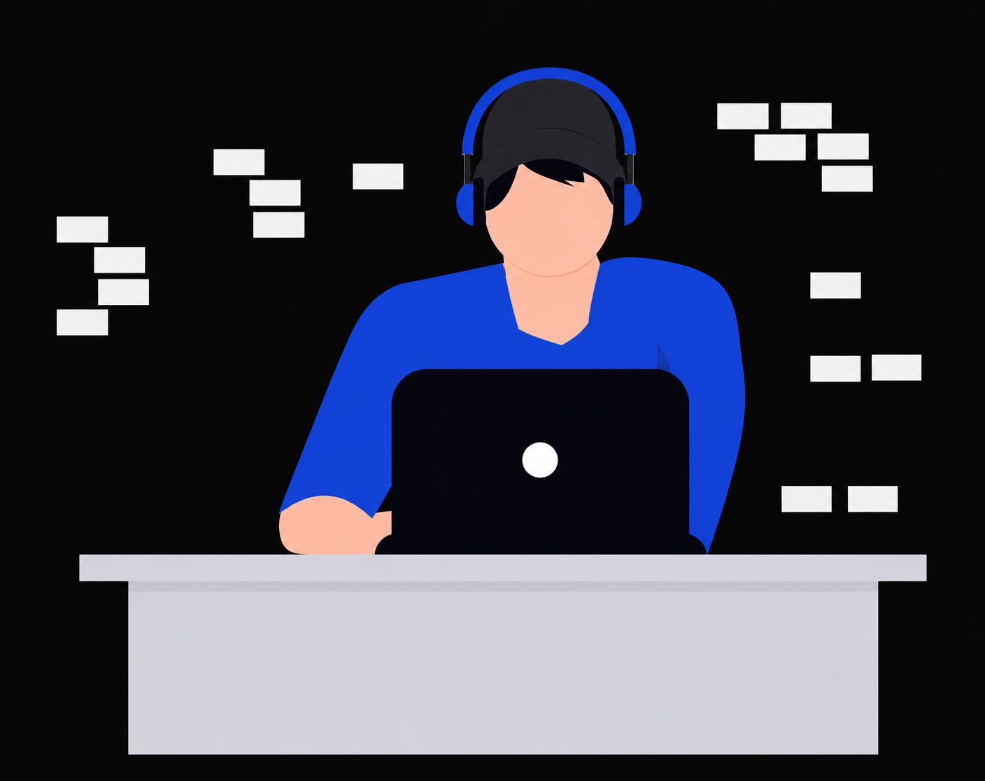 Marketing specialist working at a laptop surrounded by digital content blocks